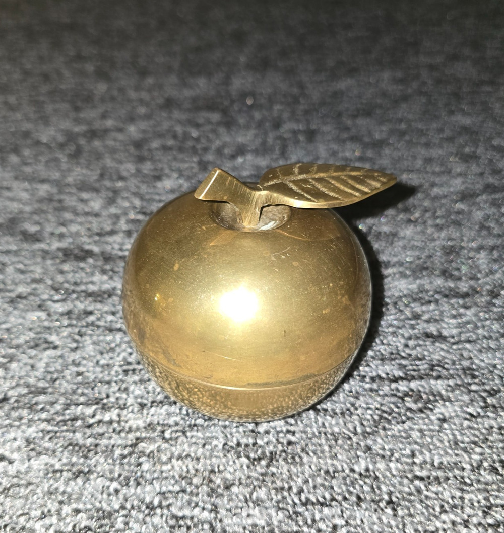 Brass Apple Trinket Box with Leaf Stem 3"